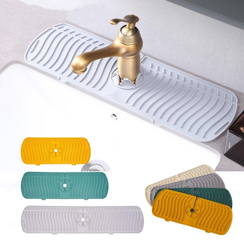 Kitchen sink mat with faucet and additional mats in different colors displayed below.